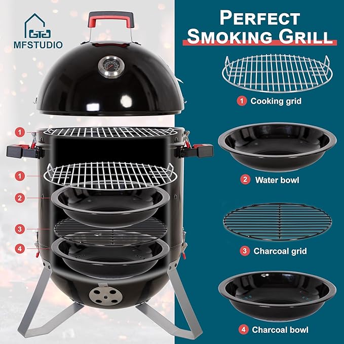 MFSTUDIO 18" Vertical Smoker and BBQ Grill, Pure Porcelain-Enameled Cooker, Heavy Duty Charcoal & Woods Outdoor Grill for Smoker, Black