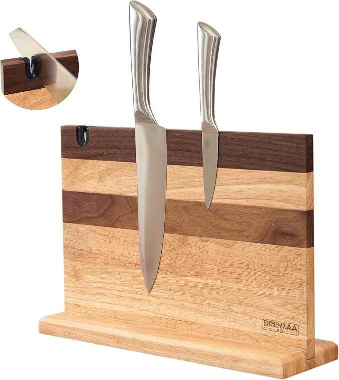 BRENZAA Magnetic Knife Block, Thick Wood Kitchen Knife Holder Stand with Strong Magnets, Multifunctional Double Side Knife Storage Organizer for Kitchen