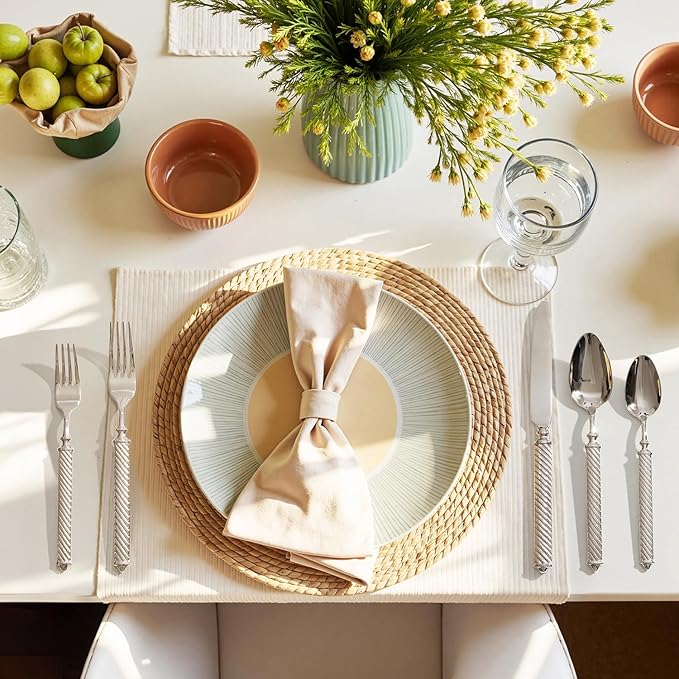 KINGSTONE Retro Rope-Pattern Silverware Set, 30-Piece Flatware Set Cutlery Set Forged with Handcrafted Texture Handles 18/10 Stainless Steel, Dishwasher Safe