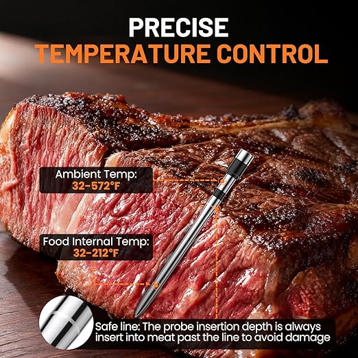 Smart Bluetooth Wireless Meat Thermometer, Real-Time Monitoring Control Digital Thermometer with Smart App, Meat Probe IP67 Waterproof High Accuracy Perfect for BBQ, Oven, Grill & Smoker