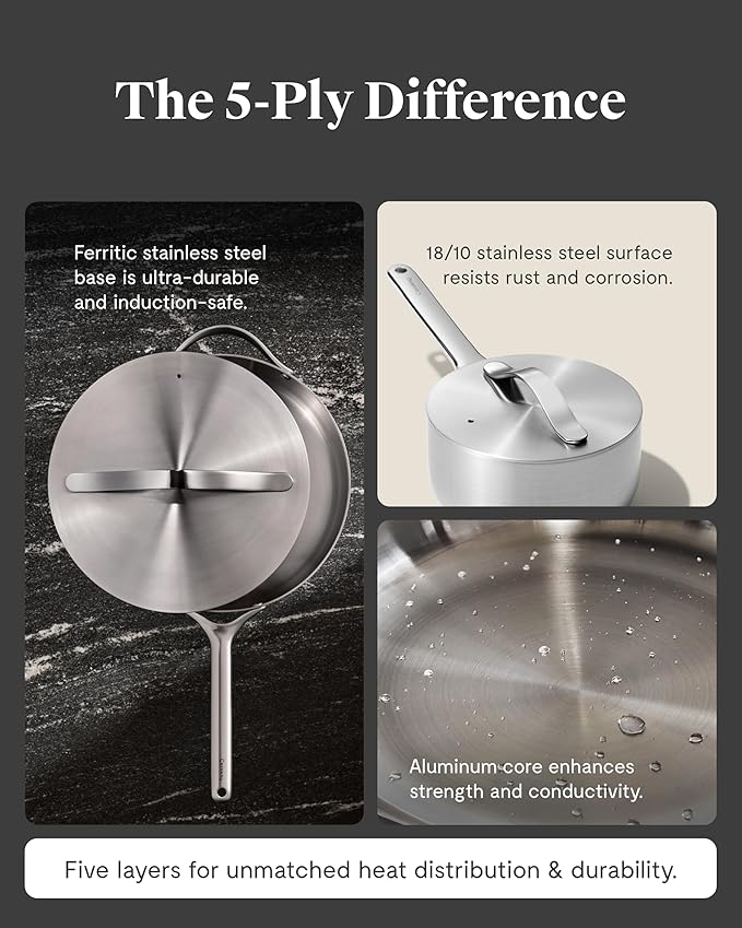 Caraway Stainless Steel Sauce Pan (1.75 Qt) - 5-Ply Stainless Steel - Oven Safe & Stovetop Agnostic - Non Toxic, PTFE & PFOA Free