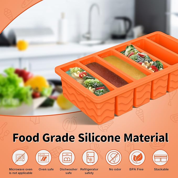 2-Pack Silicone Freezer Trays with Lid, 2 Large 2-Cup(500ml) & 6 Small 1/2-Cup(125ml) Soup Freezer Container Molds, Ice Cube Tray For Meal Prep & Freezing Soup, Stews, Sauces, Oven & Dishwasher-Safe