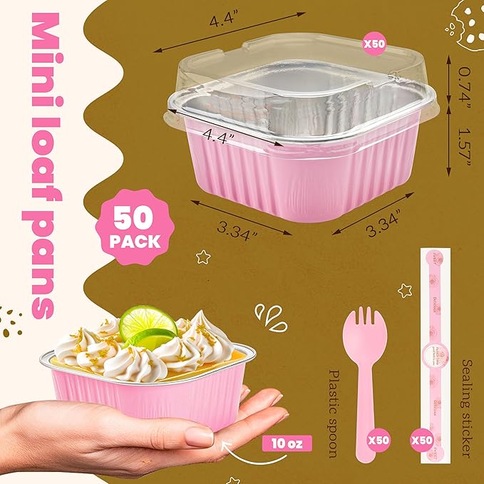 50 Pcs Mini Square Baking Cups with Lids and Spoons Aluminum Foil Mini Cake Pans with Lids Disposable Ramekins Cake Pans Dessert Cups for Wedding Birthday Party(Pink,10oz)