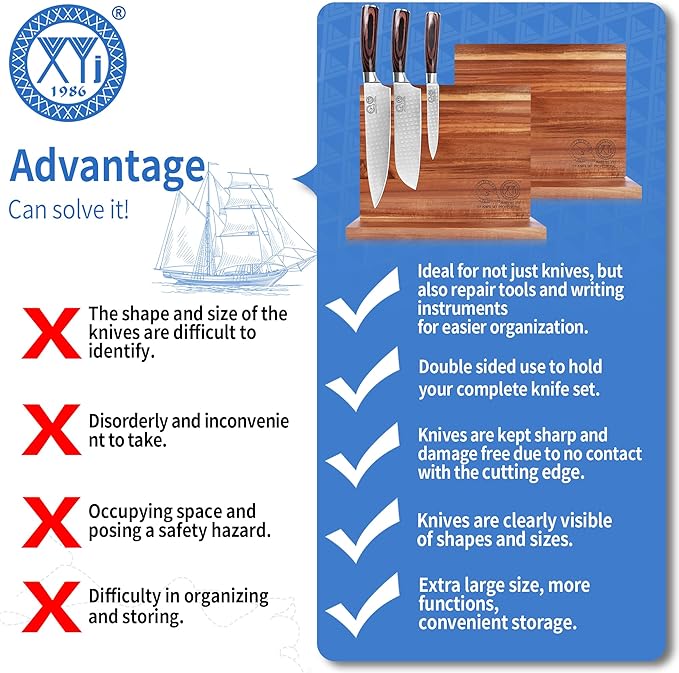 XYJ Authentic Since 1986, Magnetic Knife Block, Double Side Kitchen Knife Stand, Acacia Wood, Magnetic Knife Holder with Strong Enhanced Magnets,Knives Storage Rack Stand for Home Kitchen