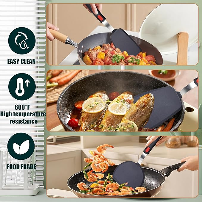 Silicone Spatula Turner Set,3-Pack Spatula Set,600°F Heat Resistant Spatula for Non Stick Cookware,Large Flexible Kitchen Utensils for Baking,Cooking,No Scratching and Melting,Dishwasher Safe,BPA Free