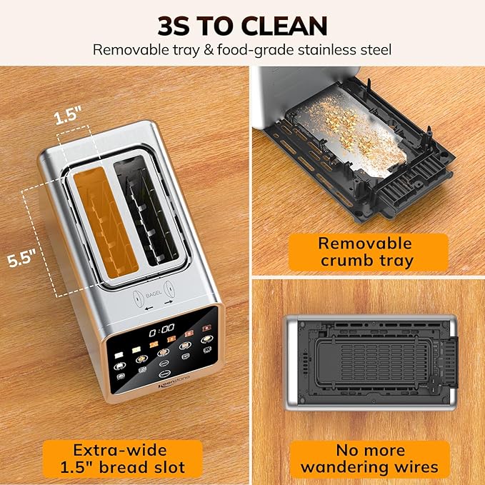Keenstone Toaster 2 Slice, Digital Smart Toaster with TouchScreen, Dual Control Panel, Single Slot Toasting, Timer, Reheat & Defrost for Bagels, Bread, Waffles, Stainless Steel Kitchen Essentials