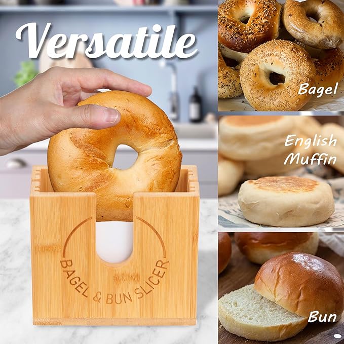 Adjustable Bagel Slicer Holder | Bamboo Bagel Cutting Holder with Width Adjustable Slots for Small & Large Bagels, Buns & English Muffins, Knife Groove for Long Bread Knife + Non-Slip Base