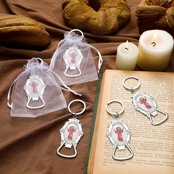 Misdary 12 Pcs Divine Child Jesus Bottle Opener Keychain Catholic Bottle Opener with Organza Baptism Party Favor for Guest