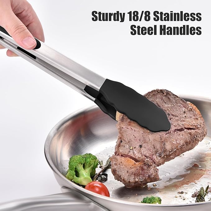 Doosu Kitchen Tongs for Cooking - 600°F Heat Resistant Food Tong with Non-Scratch Silicone Tips, Heavy Duty Stainless Steel Locking Tong for BBQ, Grilling Steak, Serving Salad, Pasta (12in, Black)