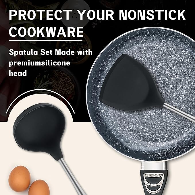 FJNATINH Silicone Spatula and Ladle Tool Set - Wok Tools, Wok Utensil,Stainless Steel Non Stick Heat-Resistant Kitchen Utensils BPA Free Cooking Utensils Cookware Wooden Handle,2 Pieces