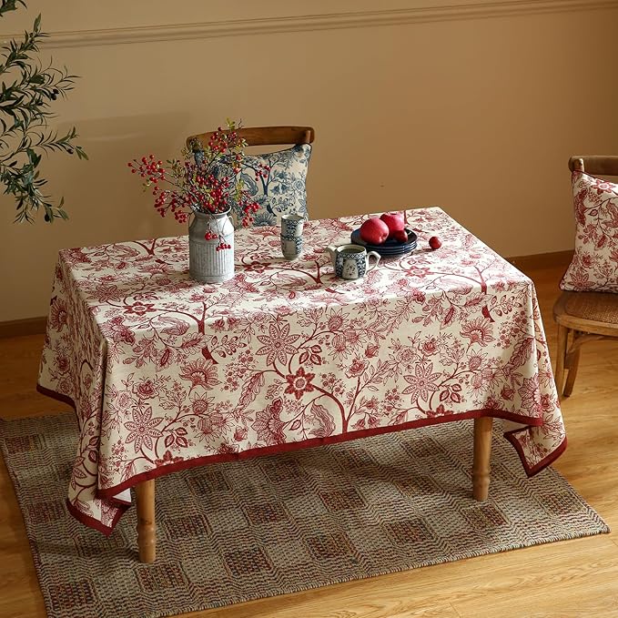 ISAENNE Designer French Linen Tablecloth Rectangular,Red Floral Washable Indoor Table Cloth,Durable Home Decor Tablecloths for Dining Thanksgiving Kitchen Party Christmas,55"*87"-Ruyi A