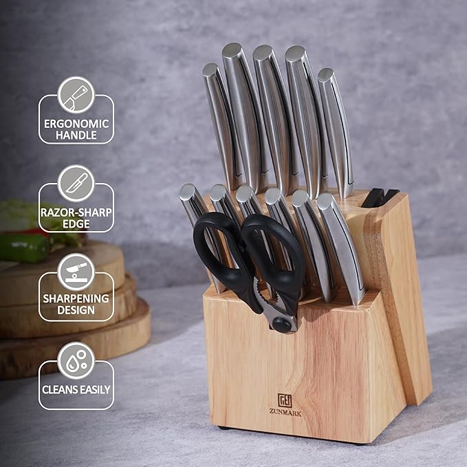Kitchen Knife Set, Professional 13 Piece Knife Set with Block and Sharpener, Sharp Chef Knife Set, Ideal for Home and Restaurants, Silver