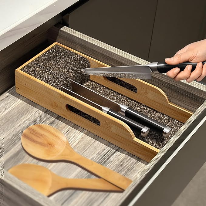 Bamboo Knife Drawer Organizer Insert Dock, Kitchen Steak Knives Organizer Storage for Any Chef