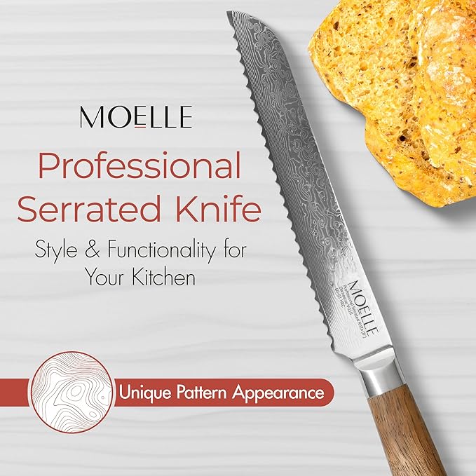 MOELLE Professional 9 Inch Serrated Knife – Kitchen Knife for Chefs/Cooks - Crafted with Damascus Steel Danish Design Ergonomic Teak Wood Handle