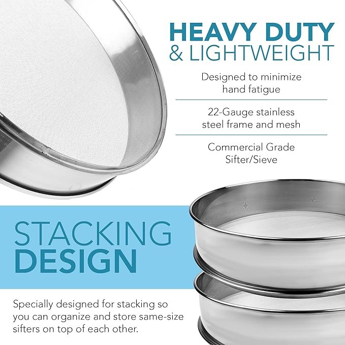Stainless Steel Flour Sifter Fine Mesh Round Flour Sieve for Baking 9.5" Diameter x 2.5" High; 20 Mesh (Hole Size 0.85mm)