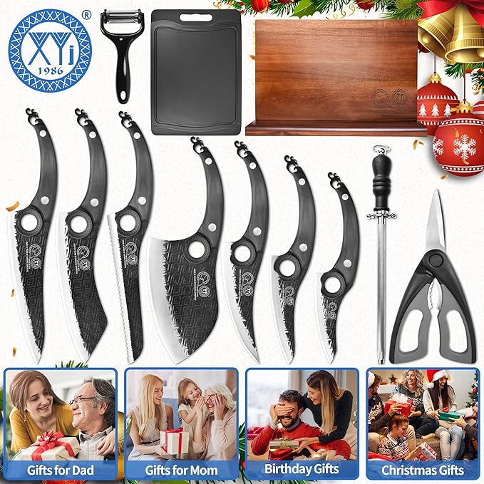 XYJ Authentic Since 1986,Kitchen Knife Block Set,High Carbon Steel Blades,Knives Set with Wooden Magnetic Knife Block,Sharpening Steel,Cutting Board,Cleaver Slicing Knife,Wood Handle