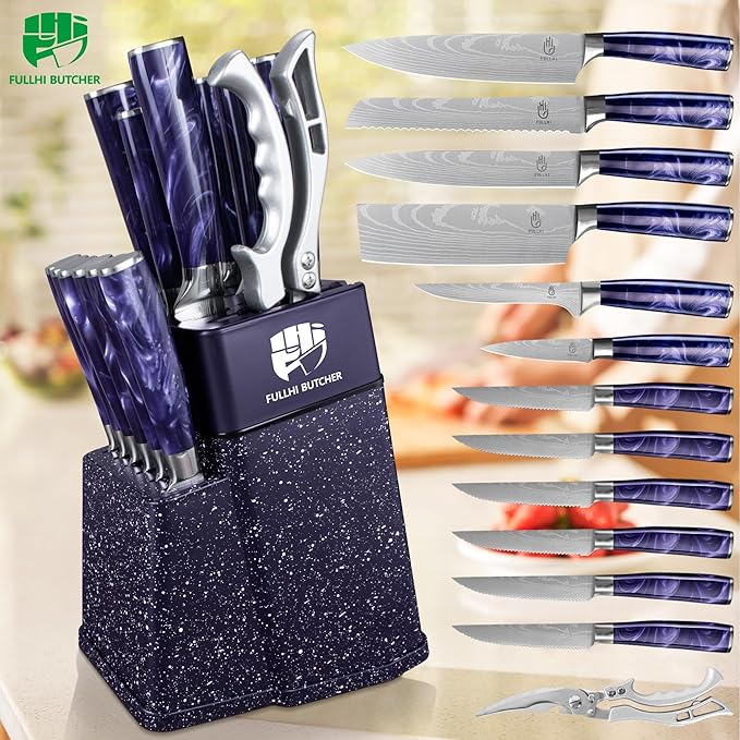 FULLHI 14pcs Block Knife Set, Chef's Knife Steak Knives Set with Block and Sharpener, Kitchen Knife Set, Multi-colour Handle, Gifts for Men Women