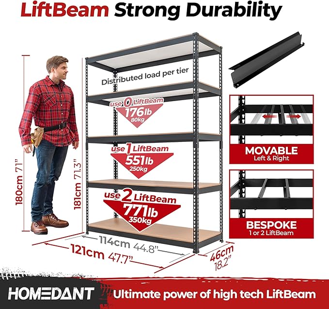 HOMEDANT 5 Tier Laminated Boltless Heavy Duty Garage Storage Adjustable Wide Size Metal Shelving Unit Utility Rack Shelves Organization Multipurpose Shelf Shed Warehouse 47.7"W x 18.2"D x 71.3"H 4Pack