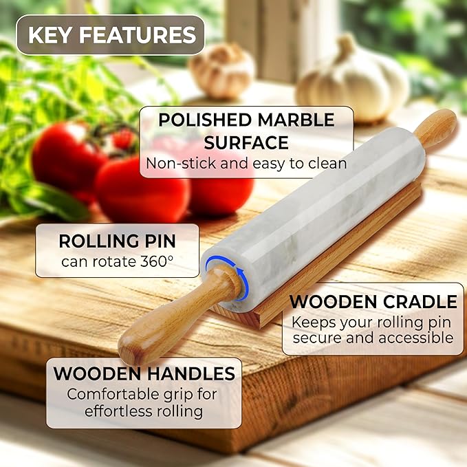 Nonstick Marble Rolling Pin with Wooden Handles and Wooden Resting Base-Ideal for Dough-Pastry Bread Tortillas and Pizza-Essential Baking and Kitchen Tool