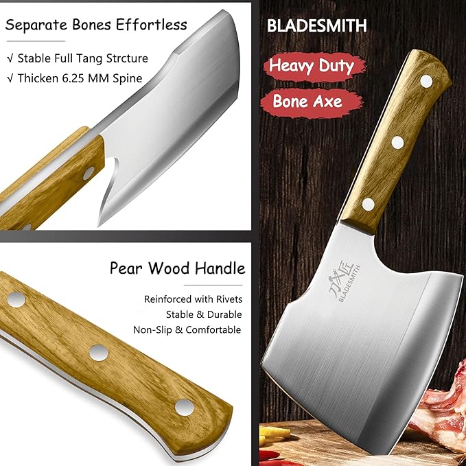 BLADESMITH Meat Cleaver Butcher Axe Bone Chopper Heavy Duty - 6.3'' Bone Cutting Knife Bone Breaker, Stainless Steel Thicken Blade & Pear Wood Handle, Slaughterhouse Looks Manly,2025 Gifts