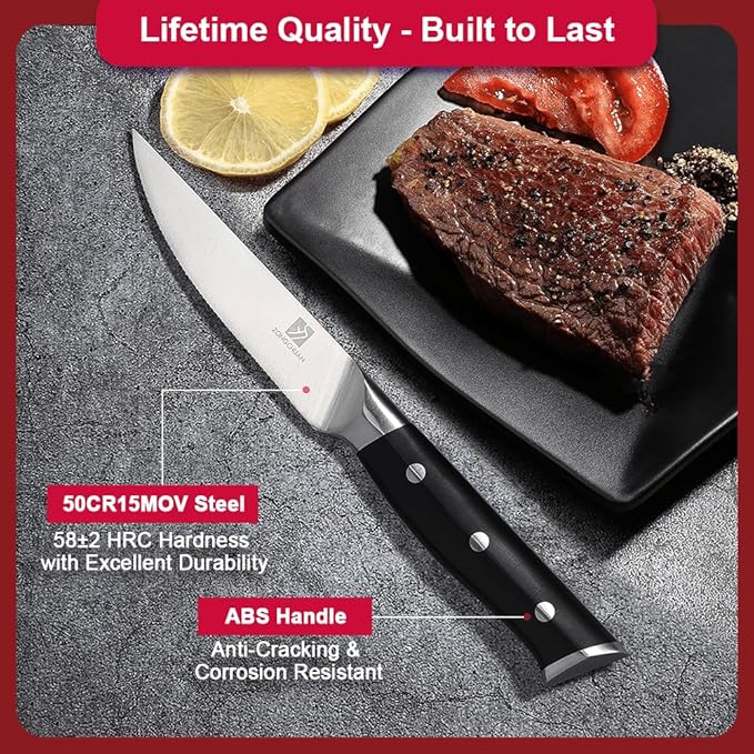 Steak Knife,4.5inch Steak Knives Set of 2,High-Carbon Stainless Steel Knife Set,Serrated Blade Sharp Knives,Dishwasher Safe,Ergonomic Black Handel,Full Tang Design With Excellent Gift