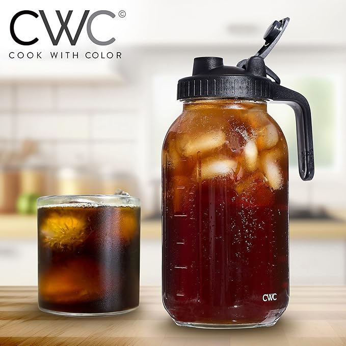 COOK WITH COLOR Cold Brew Coffee Maker - 64oz Mason Jar Pitcher with Stainless Steel Filter, Airtight Glass Jar, Pour Spout Lid & Handle, Ideal for Iced Coffee & Tea, Includes Brush, Black