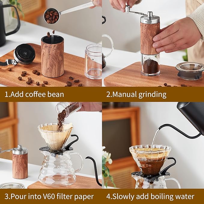 Unbreakable Pour Over Coffee Maker Set – 6-Piece Set with Coffee Maker, Hand Coffee Grinder, Hand Drip Kettle, V60 Filters (40 Sheets), and Measuring Spoon – Perfect for Home Brewing and Travel
