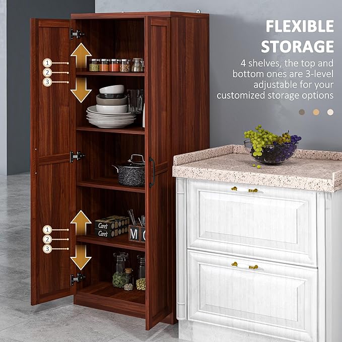 HOMCOM 63" 2-Door Kitchen Pantry, Freestanding Storage Cabinet with 5-Tier Shelving and 2 Adjustable Shelves for Dining Room, Tan