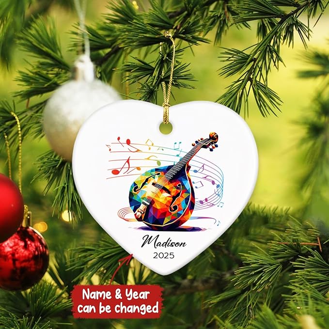 Personalized Name & Year Mandolin Ceramic Ornament Gifts for Music Lovers, Mandolin Player Xmas Tree Ornaments, Custom Mandolinist Ornaments 2025, Instrument Ceramic Ornament Decor Christmas Hanging