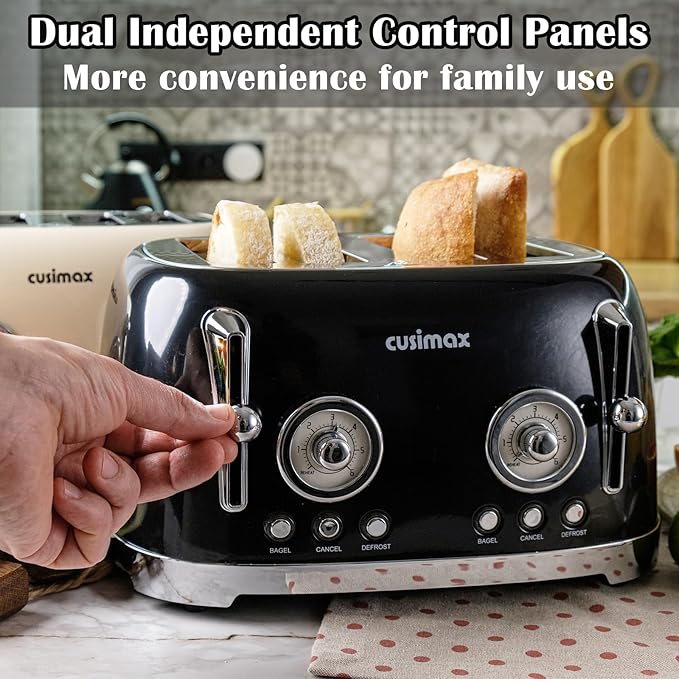 CUSIMAX Toaster 4 Slice, Retro Toaster with Wide Slots for Bagels, Stainless Steel toaster with 6 Toast Settings, Bagel, Cancel, Defrost & Reheat Functions, Dual Independent Control Panels, Black