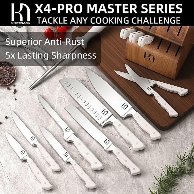 Knife Set, 15 Pcs Kitchen Knife Block Set, Enduring Razor-Sharp Japanese High Carbon Stainless Steel Chef Knife Set with Block and Sharpener, Premium Knives Set for Kitchen, White Acacia