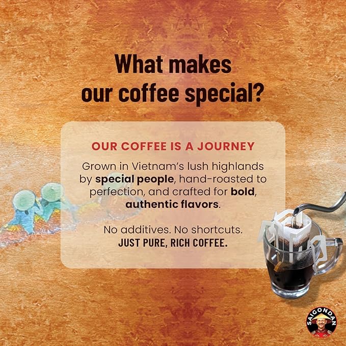 Pour Over Vietnamese Coffee – Saigondan Adventure | Espresso Robusta | 100% Robusta | Instant Specialty Coffee | Small Batch Roasted | Direct Trade | Naturally Sweet | 18 Sachets
