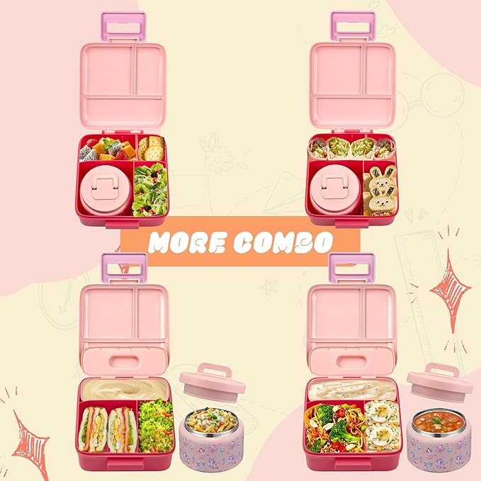 Bento Lunch Box for Kids with 8oz Soup Thermo Leak-Proof Lunch Food Containers with Snack Sauce Container for Kid Girls Boys to School (Pink Mermaid)