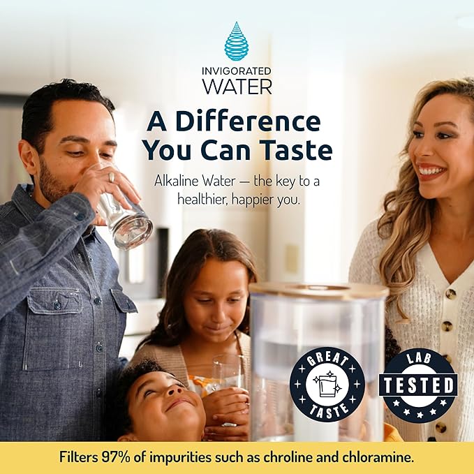 Invigorated Water pH Recharge Alkaline Water Filter Dispenser – BPA-Free Glass Countertop Water Filter Pitcher Purifier for Home & Office, 36-Cup Capacity, 360L Long Filter Life (Bamboo/Marble)