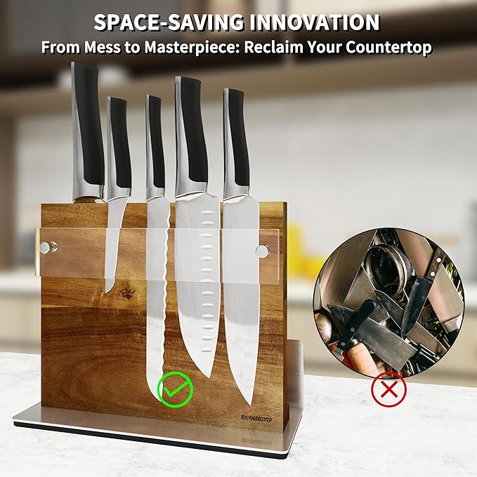 Acacia Wood Magnetic Knife Block Stand with Thickened Acrylic Shield - Double-Sided Powerful Magnet Holder for 10+ Knives, Anti-Slip Base & Space-Saving Design