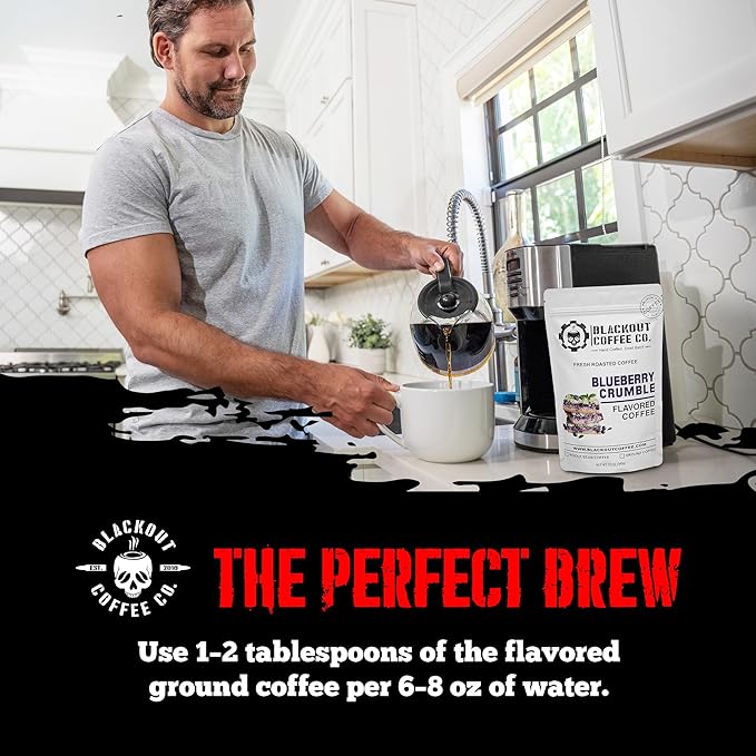 Blackout Coffee Blueberry Crumble Flavored Ground Coffee – Medium Roast, Smooth Taste, Guilt-Free Indulgence – Freshly Roasted 12oz Bag, American Made