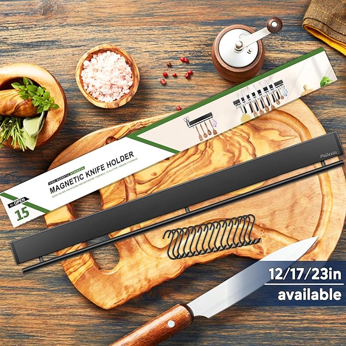 23 inch magnetic knife holder with 15 hooks, No Drilling black knife magnetic strip and utensil hanger for wall, Powerful knife magnet rack include tape and screws