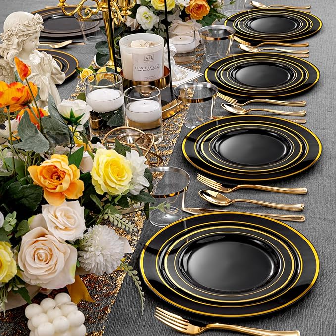 bUCLA 150 Pieces Black and Gold Disposable Dinnerware Set - 25 Guests Black Gold Plastic Plates Include 25 Dinner & 25 Dessert Plates, 25 Spoons, 25 Forks, 25 Knives, 25 Cups for Party & New Year