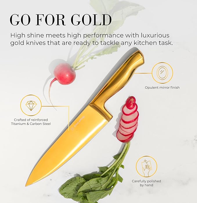 Gold Knife Set for Kitchen with Block and Sharpener – 14-Piece Razor Sharp Titanium Gold Knives with Ashwood Block and Built-In Sharpener – Stylish Kitchen Accessories for Cooking and Prep