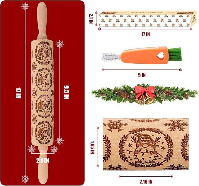 17" Premium Wooden Rolling Pins for Baking with Gnome Embossed Designs | 3mm Deep Springerle Cookie Molds | Christmas Rolling Pin & Baking Gifts for Women | Includes 3-in-1 Cleaning Brush