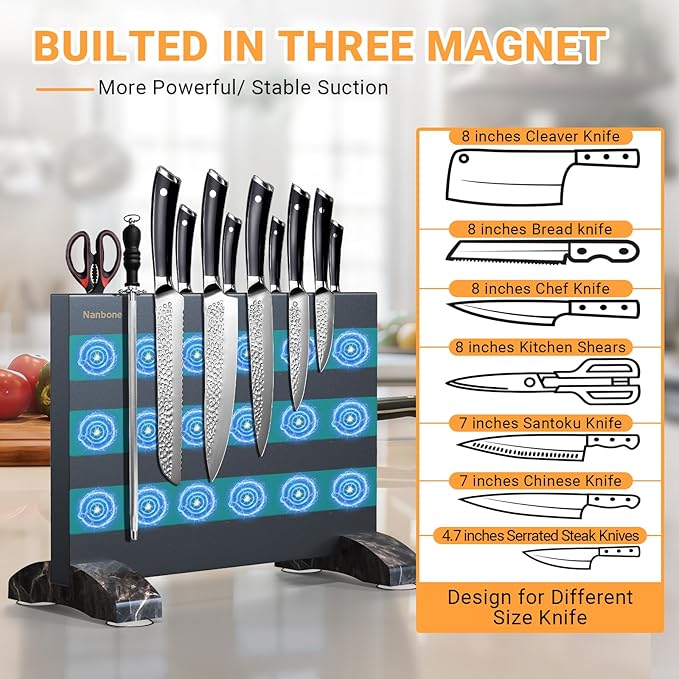 Magnetic Knife Block Without Knives, Black Stainless Steel Magnetic Knife Holder Stand with Strong Knife Magnet Double Side Knife Magnetic Strip Knife Storage Organizer for Kitchen Counter Top