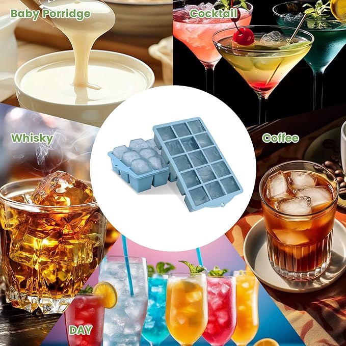 Silicone Ice Cube Tray, 2 Pack Easy-Release Stackable Ice Trays for Freezer with Lid 15 Reusable Cubes, Food Grade BPA Free Ice Molds for Whiskey, Baby Food, Coffee, Cocktail, Drinks (Blue)