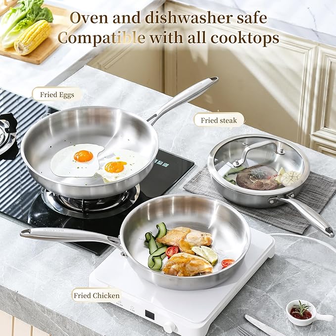 DELARLO Tri-ply Stainless Steel Frying Pan Set with Lid 10" 12" Induction large Skillets Chef's Pan,Pots and Pans Set Kitchen Cookware Set Suitable for All Stove