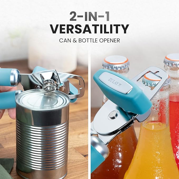 Zulay Kitchen Heavy Duty Stainless Steel Can Opener Manual with Bottle Opener - Rust Proof Manual Can Opener With Turn Knob & Comfy Soft Grip Handles - Dusty Blue