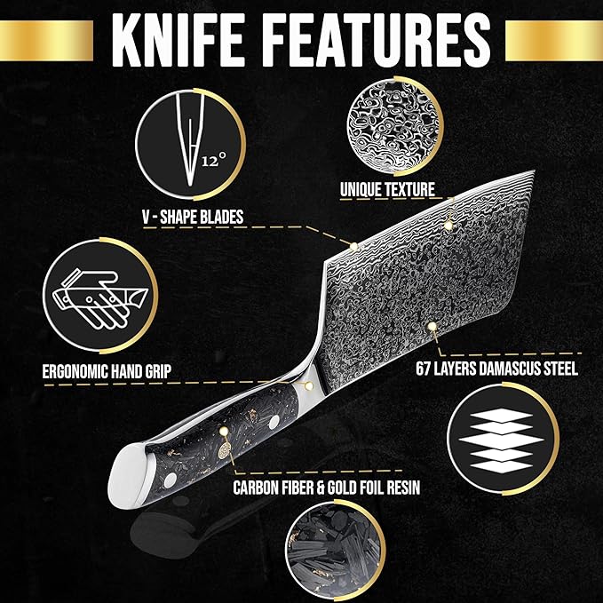 SliceElite Elite Series 7-Inch Damascus Bone Cutting Knife – VG10 Steel Blade with Forged Carbon Fiber Handle Infused with Gold Leaf, Sheaths Option (Bone Cutting Knife with Leather Sheath)