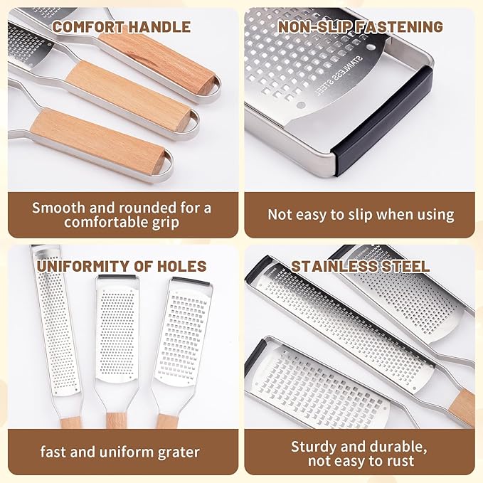 SHIKORI Professional Cheese Graters for Kitchen Stainless Steel Handheld, Metal Lemon Zester Grater With Wood Handle For Cheese, Chocolate, Spices, Kitchen Gadgets And Tools-Longboard