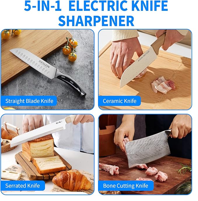Professional 5-in-1 Electric Knife Sharpener with LCD Display,Scissor Sharpener with 3-Speed & 100% Diamond Abrasives - Precision Angle Guides for Straight, Serrated, Cleaver & Kitchen Scissors