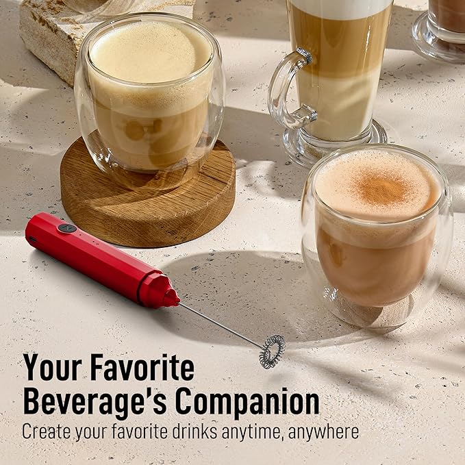 Zulay Froth N Go Milk Frother Rechargeable - 3-in-1 Frother Wand With Case & USB-C Charger - Comes With 3 Whisk Attachments for Latte, Cappuccino, Matcha, Protein Shakes - Red