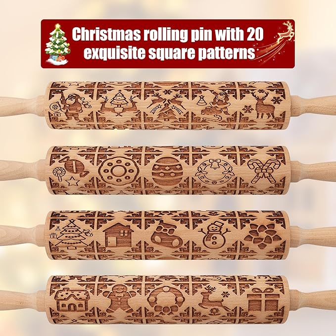 17" Premium Wooden Rolling Pins for Baking with Stamp Embossed Designs | 3mm Deep Springerle Cookie Molds | Christmas Rolling Pin & Baking Gifts for Women | Includes 3-in-1 Cleaning Brush