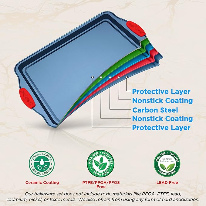 NutriChef 3-Piece Nonstick Cookie Sheets for Baking - Premium Carbon Steel Baking Trays w/ Non-Stick Smooth Coating & Silicone Handles - Large, Medium, & Small Bakeware - Blue